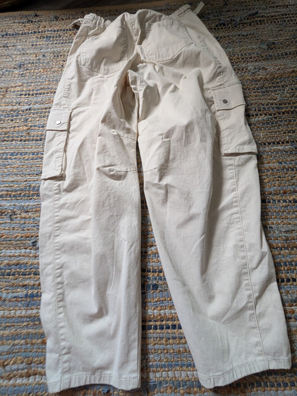 Cream Denim Cargo Barrel Leg Pants L High Rise Utility Casual Streetwear Edgy - Picture 9 of 9
